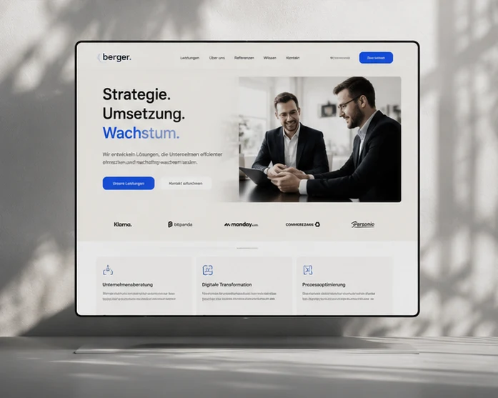 Beispielhafte helle Beratungs-Website mit klarer Leistungsdarstellung