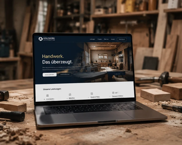 Beispielhafte Handwerker-Website auf einem Laptop in einer Holzwerkstatt