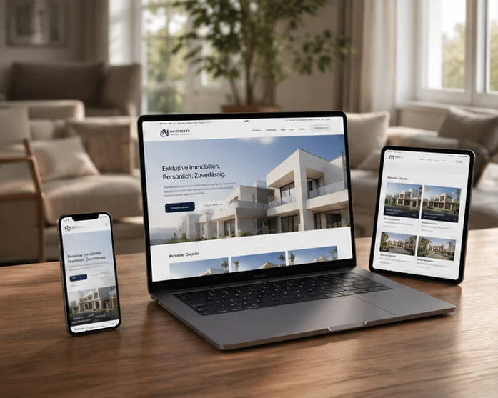 Beispielhafte Immobilien-Website auf Laptop, Tablet und Smartphone in hellem Wohnraum