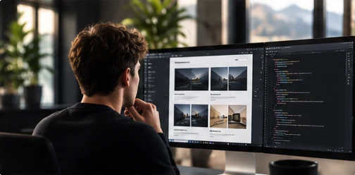 Entwickler arbeitet an zwei Monitoren an sauber strukturiertem Website-Code