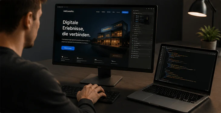 Design wird an Monitor und Laptop in Code umgesetzt