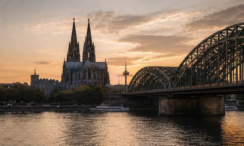Kölner Dom und Hohenzollernbrücke am Rhein im Abendlicht