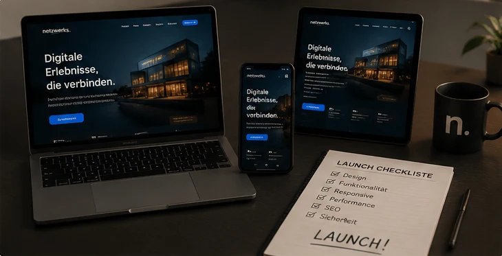 Geräte mit fertiger Website neben einer Launch-Checkliste