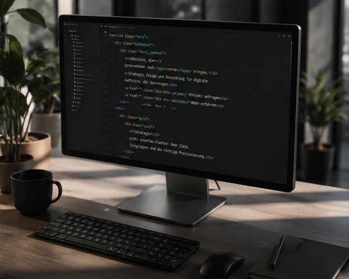 Monitor mit sauber strukturiertem Code an einem hellen Arbeitsplatz