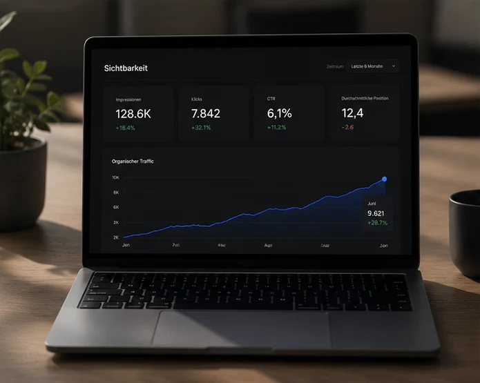 Laptop mit Sichtbarkeits-Dashboard und steigender Traffic-Kurve