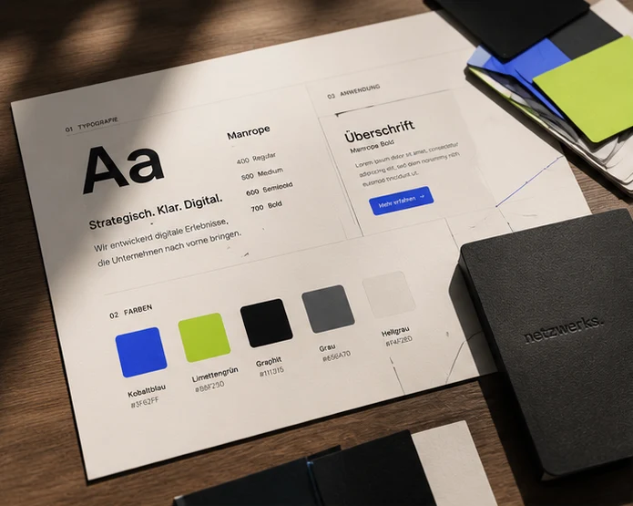 Gedruckter Styleguide mit Typografie und Farbkarten