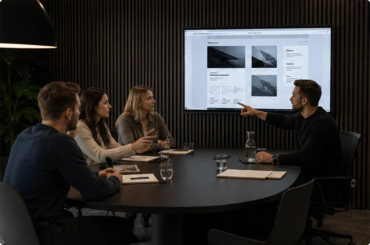 Team bespricht einen Website-Entwurf an einem großen Bildschirm