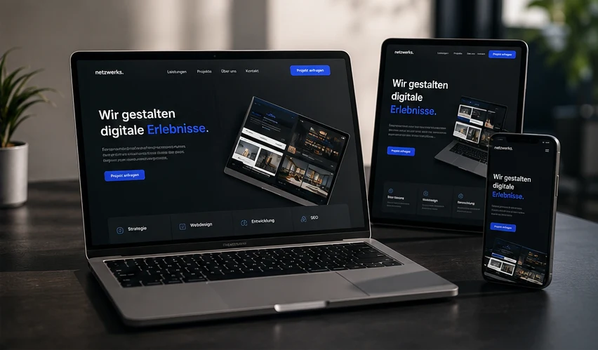 Fertige netzwerks-Website auf Laptop, Tablet und Smartphone