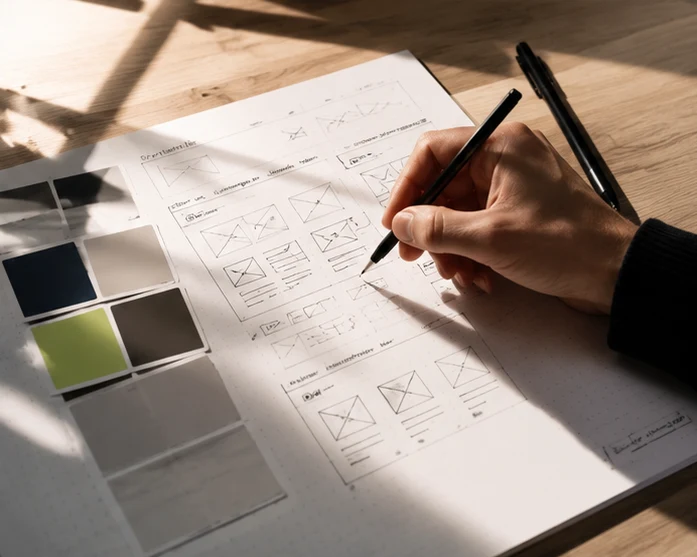 Hand skizziert Website-Wireframes neben Farbmustern in Kobaltblau und Limettengrün