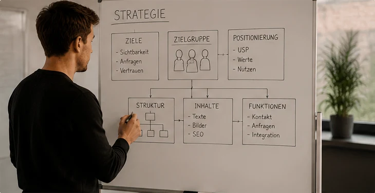 Strategische Website-Planung mit Sitemap-Skizzen und Notizen auf dem Tisch