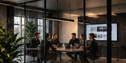 Team bespricht ein Website-Projekt am Tisch