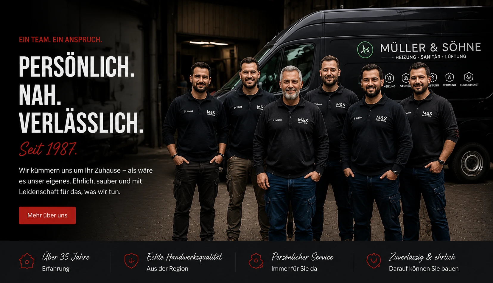 Moderner Relaunch der Müller und Söhne Website mit Teamfoto und klarer Markenbotschaft