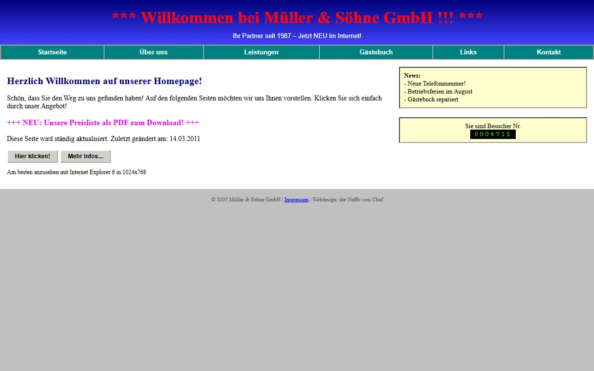 Veraltete Firmenwebsite im Stil der 2000er Jahre mit Besucherzähler