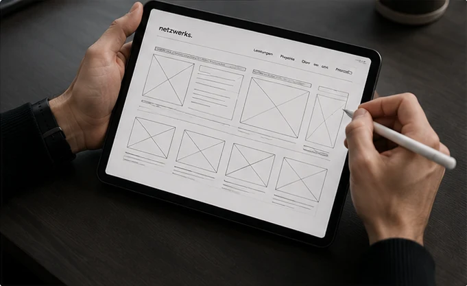 Hand skizziert Website-Wireframes mit Stift auf einem Tablet